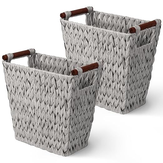 GRANNY SAYS Woven Waste Basket, Gray Wicker Basket with Wood Handles, Wicker Waste Basket for Bathroom Living Room, 2-Pack, 13" x 7 ½" x 12 ½"