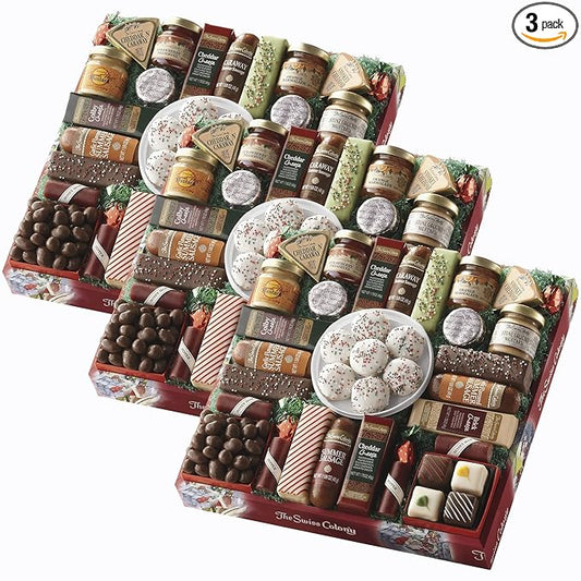 3 Red Gift Boxes - The Swiss Colony 27 Favorites Food Gift Set, Summer Sausage Meats and Cheeses Assorted Chocolates, Candies, Petits Fours, Cheese & Charcuterie Board Gifts Basket, Holiday, Christmas