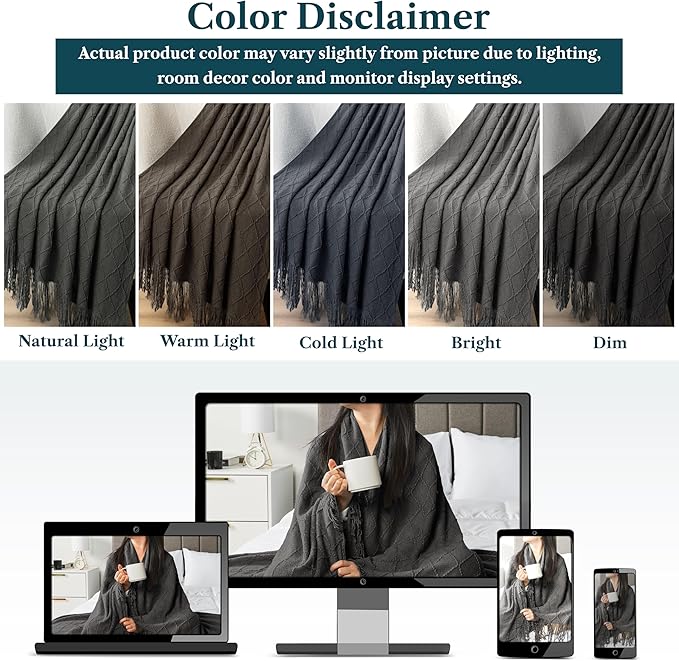 PAVILIA Dark Gray Knit Throw Blanket for Couch, Twin Bed, Soft Knitted Farmhouse Sofa Throw for Living Room, Lightweight Decorative Summer Blanket for Chair, Outdoor Textured Boho Blanket, 60x80