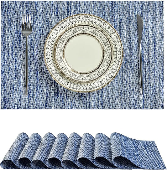 Leetaltree Blue Placemats Set of 8 - Heat Resistant Non-Slip Place mats for Dining Table, Washable Durable PVC Vinyl Woven Table Mats（Blue Zigzag, 8）