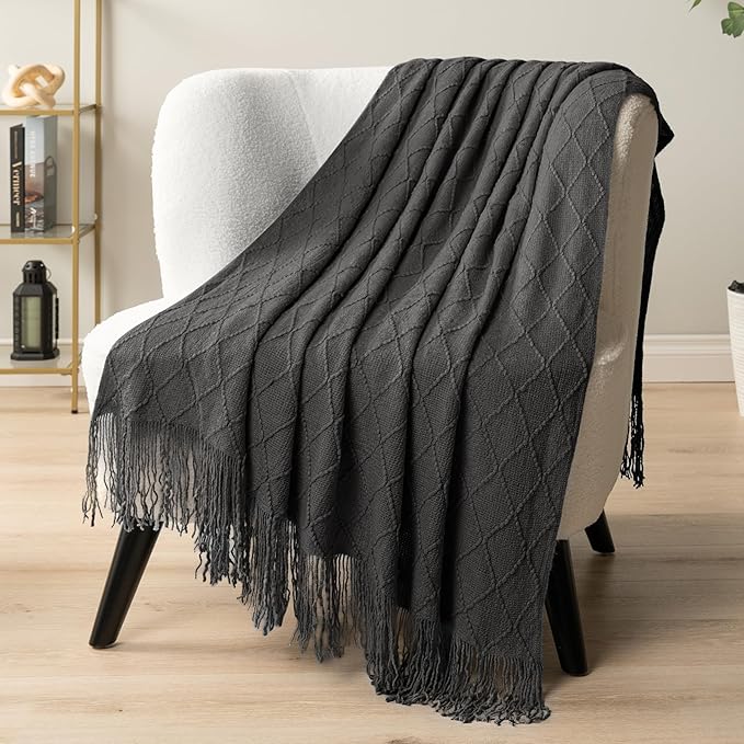 PAVILIA Dark Gray Knit Throw Blanket for Couch, Twin Bed, Soft Knitted Farmhouse Sofa Throw for Living Room, Lightweight Decorative Summer Blanket for Chair, Outdoor Textured Boho Blanket, 60x80