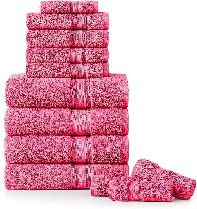 LANE LINEN 12 Pc Bath Towels Set – Ultra Soft 100% Ring-Spun Cotton, 4 Bath, 4 Hand Towel & 4 Wash Cloth, Zero Twist, Quick-Dry, Long-Lasting Comfort & Hotel Quality, Machine Washable – Fuchsia