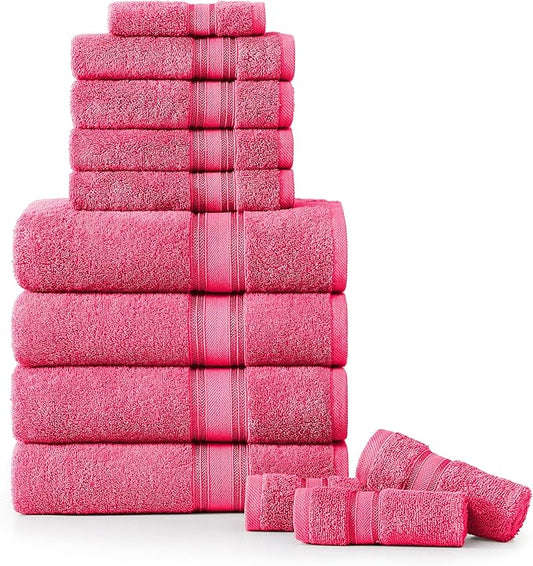 LANE LINEN 12 Pc Bath Towels Set – Ultra Soft 100% Ring-Spun Cotton, 4 Bath, 4 Hand Towel & 4 Wash Cloth, Zero Twist, Quick-Dry, Long-Lasting Comfort & Hotel Quality, Machine Washable – Fuchsia