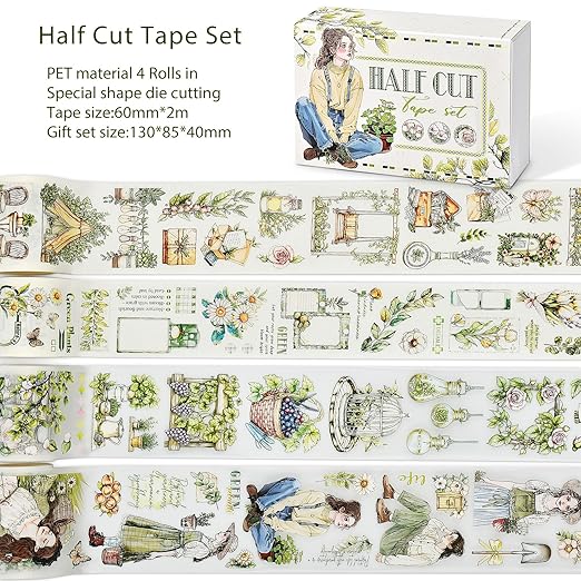 Snycler Pre-Cut Green Gardening Themed PET Washi Tapes - Vintage Aesthetic Tape Stickers for Journaling, Scrapbooking, Junk Journals, Crafts, Planners - 4 Rolls