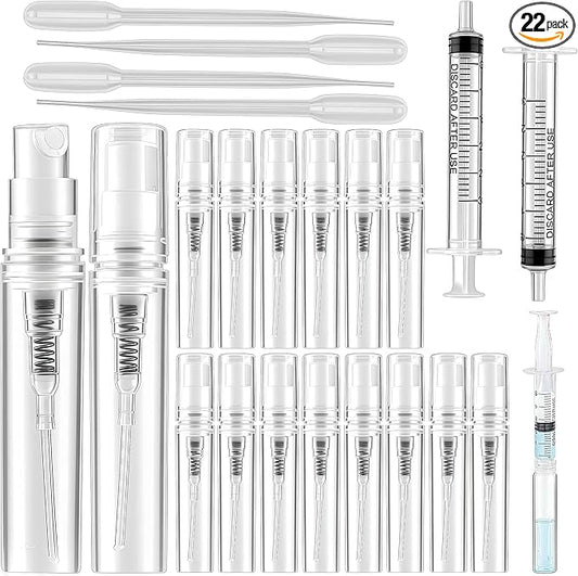 16 Pcs 3ml Mini Spray Bottles with 6 Accessories (4 Plastic Droppers + 2 Syringes) - Refillable Travel Perfume Bottles, Small Empty Atomizer for Essential Oils, Fine Mist Portable Perfume Sample Kit