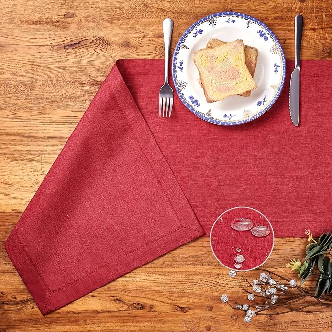 Mebakuk Linen Farmhouse Table Runner Large Burlap Style Soft and Waterproof Decorative Fabric Runner for Outdoor Wedding and Dinner (14 x 48 Inch, Red)