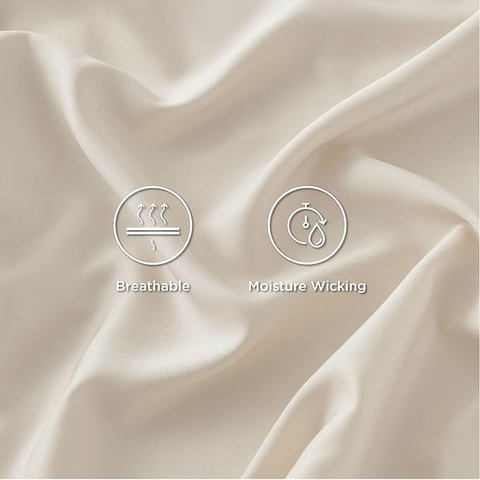 Bedsure Queen Sheet Set, Rayon Derived from Bamboo, Cooling Sheets, Breathable & Soft, Deep Pocket Up to 16", Hotel Luxury Silky Bedding for Hot Sleepers, Light Beige