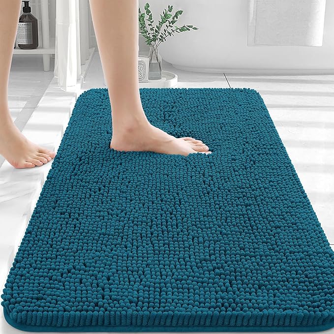 OLANLY Bathroom Rugs 36x24, Extra Soft Absorbent Chenille Bath Rugs, Rubber Backing Quick Dry, Machine Washable Bath Mats for Bathroom Floor, Tub and Shower, Home Decor Accessories, Peacock Blue