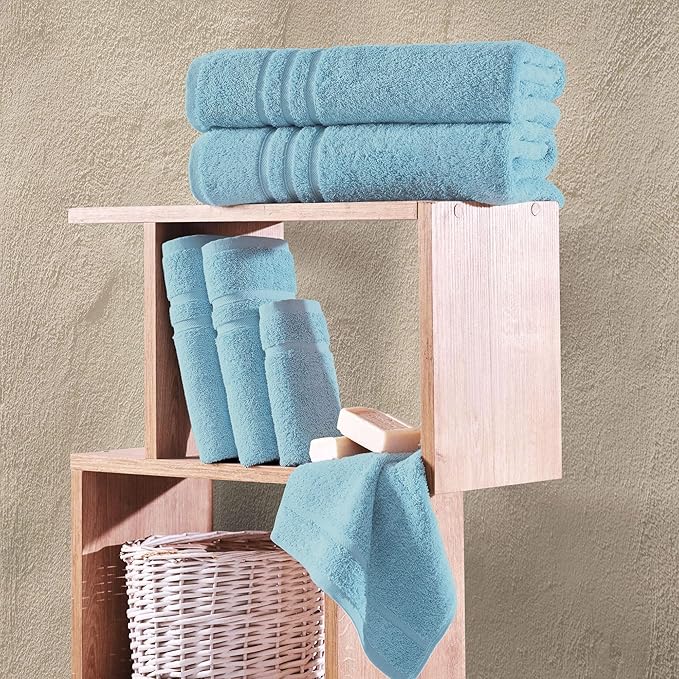 Hawmam Linen Light Blue 6 Piece Bath Towels Set for Bathroom Original Turkish Cotton Soft, Absorbent and Premium 2 Bath Towels, 2 Hand Towels, 2 Washcloths