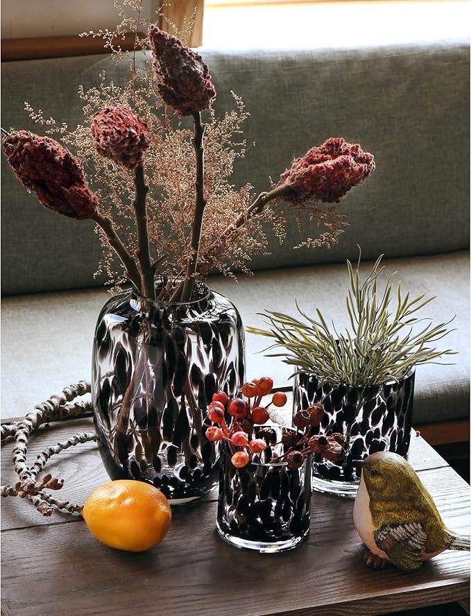CONVIVA Glass Vase and Candle Holder Set, 3-Piece,Modern Fall Decor Table Centerpiece Thanksgiving Christmas Day Gift Idea,Flower Vase Black Tortoise Pattern