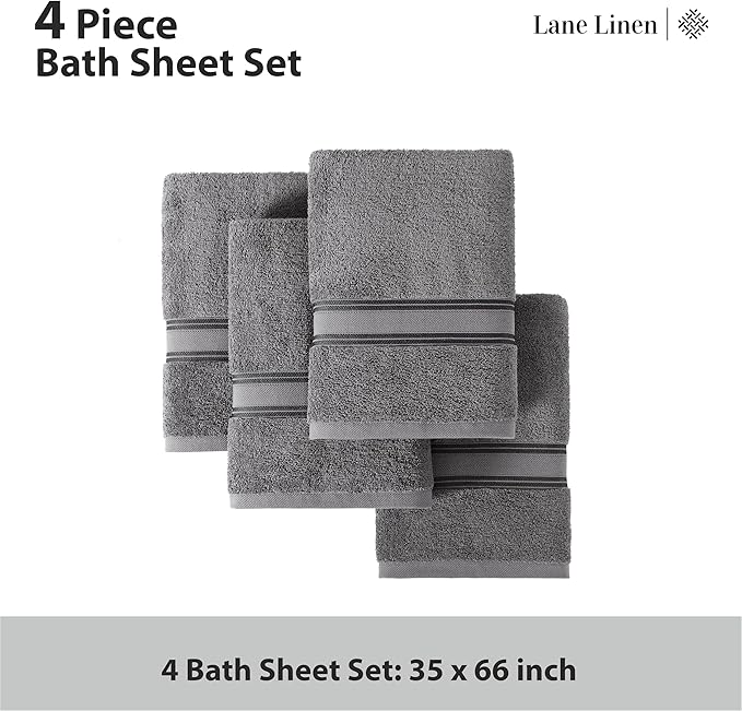 LANE LINEN 100% Cotton 4 Pack Bath Sheets (35"x66") - Zero Twist, Extra Large Cotton Bath Towels Set - Quick Dry, Soft & Absorbent Oversized Towel Set - Remains Soft After Multiple Washes - Cool Grey