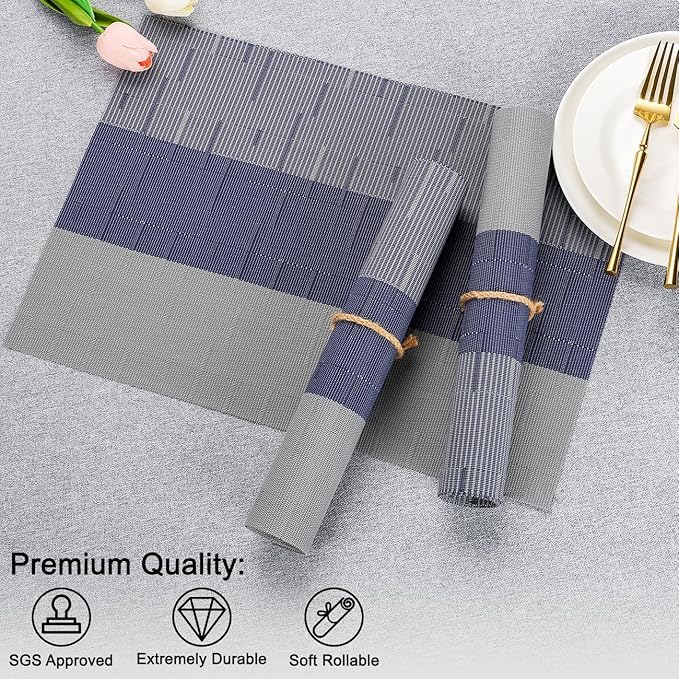 Placemats Set of 8, Vinyl Woven Place Mats Indoor Set of 8 Washable Wipeable PVC Table Mats Heat-Resistant Non Slip Plastic Placemat for Kitchen Dining Outdoor Table (Blue Gray, Set of 8)