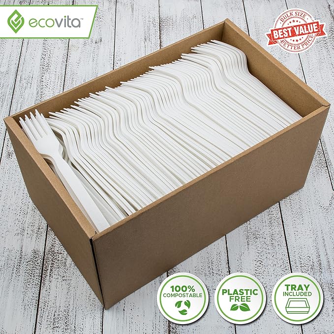 Ecovita 100% Compostable Forks - 500 Large Disposable Utensils (7 in.) Bulk Size Eco Friendly Durable and Heat Resistant Alternative to Plastic Forks with Convenient Tray