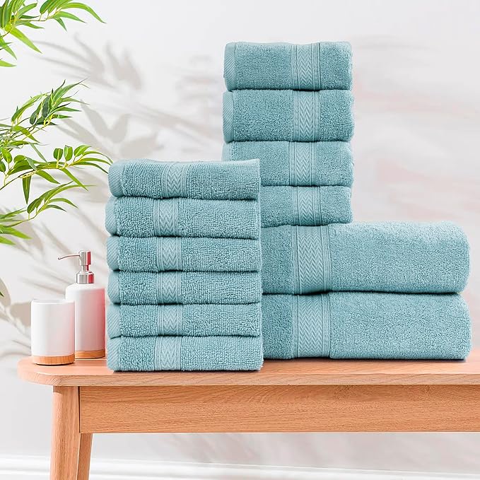 HILLFAIR 12-Piece Cotton Bath Towel Set - 600 GSM - Hotel Spa Towels - 2 Bath, 4 Hand, 6 Washcloths - Absorbent Soft Cotton - Ocean Blue