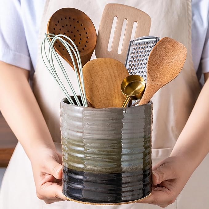 Utensil Holder 5.3" for Countertop, Ceramic Utensil Crocks for Kitchen Counter, Farmhouse Kitchen Décor Utensil Holder, Protection Cork Bottom