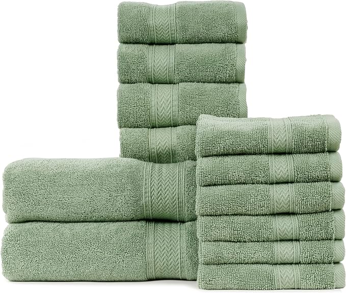HILLFAIR 12-Piece Cotton Bath Towel Set - 600 GSM - Hotel Spa Towels - 2 Bath, 4 Hand, 6 Washcloths - Absorbent Soft Cotton - Sage