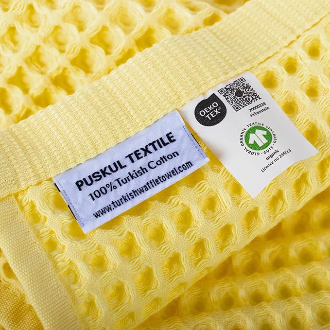 PÜSKÜL - Premium Waffle Towel Set 4 Pieces Yellow - Organic 100% Turkish Cotton Quick-Dry Towels for Bathroom Made in Turkiye (Light Yellow, Towel Set - 2 Hand & 2 Bath Towels)