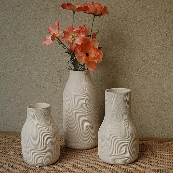 Ceramic Vases for Home Decor - Matte White Textured Vase Set of 3, Decorative Vases for Flowers, Pampas Grass Arrangement, Table Centerpieces, Office and Living Room Boho Decor