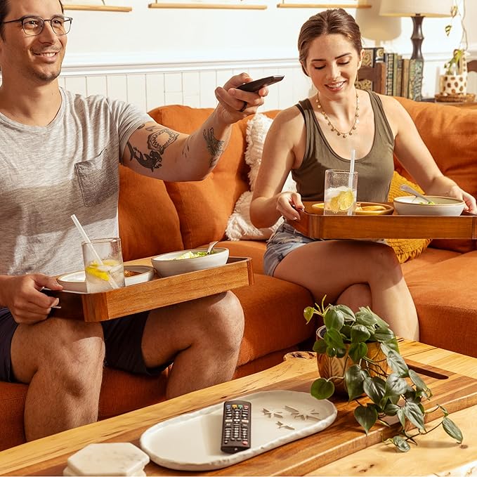 Acacia Wooden Serving Trays with Handles for Eating, Appetizers, Food, Snacks, or Home Decor, Large Wood Bed Tray or TV Tray, Decorative Ottoman or Coffee Table Accessory, 17x13 inch, Set of 2