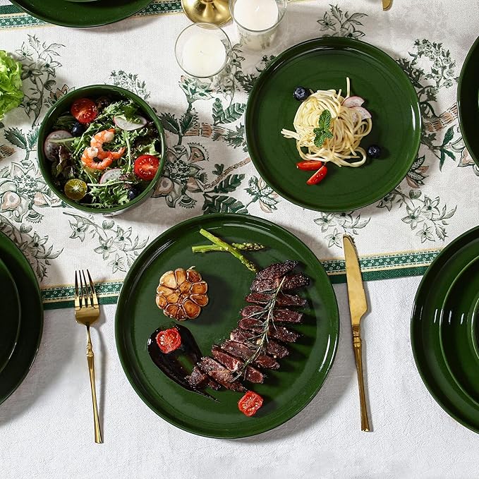 GZG Modern Art Series - 12 Pcs Speckled Stoneware Plates and Bowls Sets, Ceramic Dinnerware Set with Rustic Terracotta Underside, Microwave and Dishwasher Safe Handcrafted Dishes Set - Verdant Green