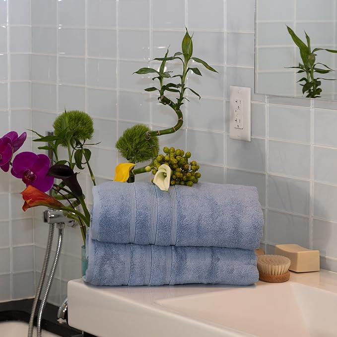 Mosobam Luxury Turkish Set of 4 Bath Towels 30X58 Allure Blue Oversize 700 GSM Bamboo Viscose & Aegean Turkish Combed Cotton