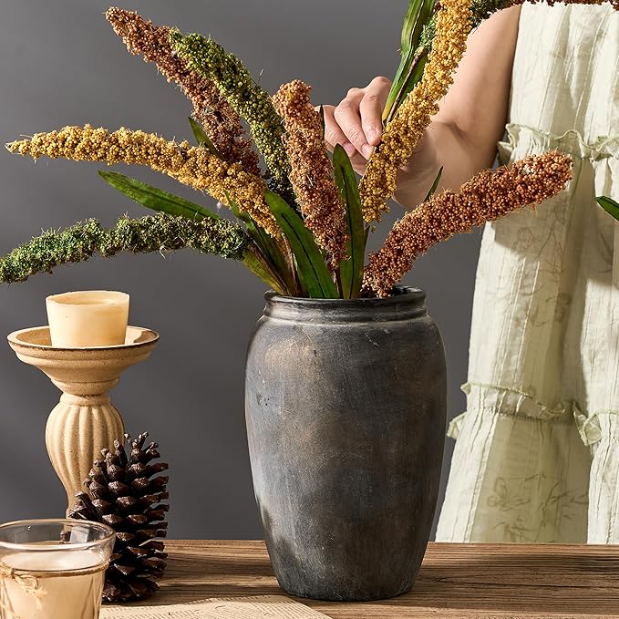 8.2 Inch Ceramic Terracotta Rustic Vase Home Decor Farmhouse Decorative Vase for Living Room Entryway Floor Holiday Wedding-Black Bronze