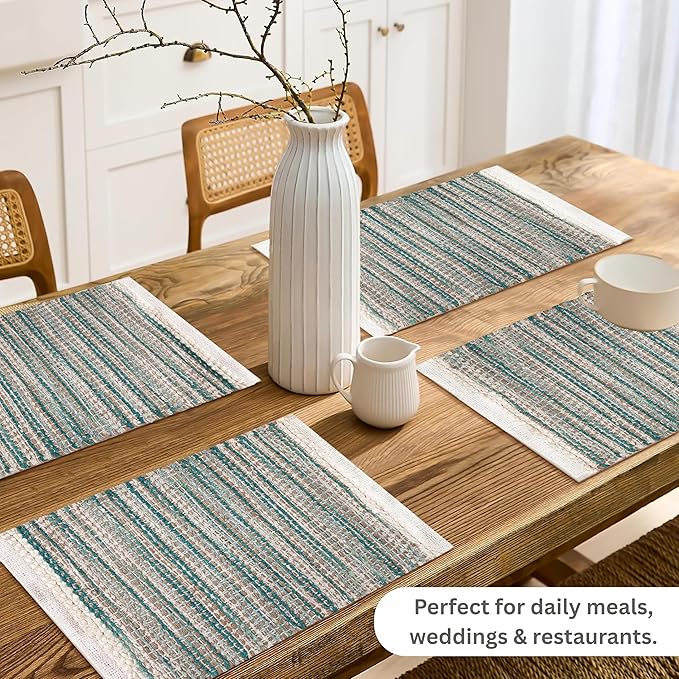 Hausattire Woven Table Placemats Set of 4 - Teal, Jute Boho Outdoor Table Mats for Kitchen Dining Decoration | Heat Resistant Farmhouse Rustic Dinner Placemat for Thanksgiving Decor - 13x19 Inch