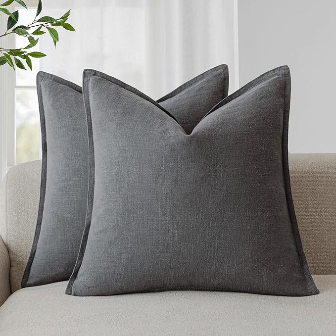 Foindtower Pack of 2, Decorative Linen Soild Throw Pillow Covers Soft Accent Square Cushion Case Boho Farmhouse Pillowcase for Chair Couch Sofa Bedroom Living Room Home Decor 20 x 20 Inch Grey