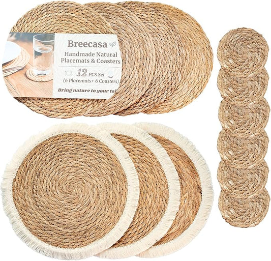 13" Round Woven Jute Placemats Set of 12 with Coasters, Mixed Fringe and Classic Braided Seagrass Boho Farmhouse Table Mats for Dining Table Decor