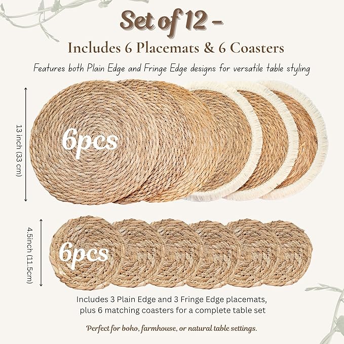 13" Round Woven Jute Placemats Set of 12 with Coasters, Mixed Fringe and Classic Braided Seagrass Boho Farmhouse Table Mats for Dining Table Decor