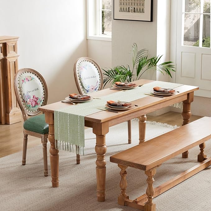 Braided Farmhouse Table Runner,Braided Sage Green 13x90 Inch, Cotton Linen Table Runners 90 Inches Long, Embroidered Striped Sage Green Boho Table Runner Rustic Home Decor