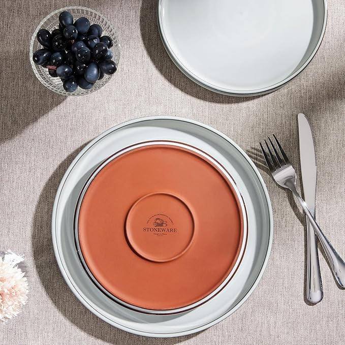 Herogo 24 Pieces Stoneware Dinnerware Set for 8, Ceramic Dinner Dishware Sets for Home Kitchen, Plates and Bowls with Rustic Terracotta Bottom, Dishwasher & Microwave Safe, Icy White