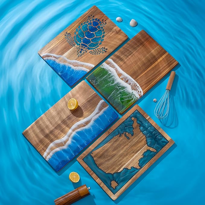Acacia Wood Cutting Board With Blue Resin Wave & Sea Turtle Epoxy Resin Ocean Pan for Kitchen Meal Prep Serving Tray Versatile Cheese & Charcuterie Board for Meat Vegetable Gift 15*10 inch