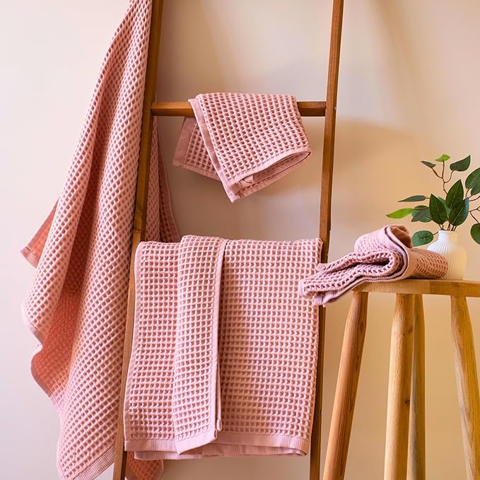 PÜSKÜL - Premium Waffle Towel Set 4 Pieces Pink - Organic 100% Turkish Cotton Quick-Dry Towels for Bathroom Made in Turkiye (Pink Powder, Towel Set - 2 Hand & 2 Bath Towels)