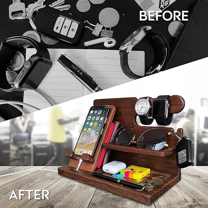 Phone Docking Station For Dad - Handmade Unique Nightstand Organizer For His Accessories - Personalized Gift Ideas for Him, Grandpa, Husband, Boyfriend on Father's Day, Birthday, Anniversary