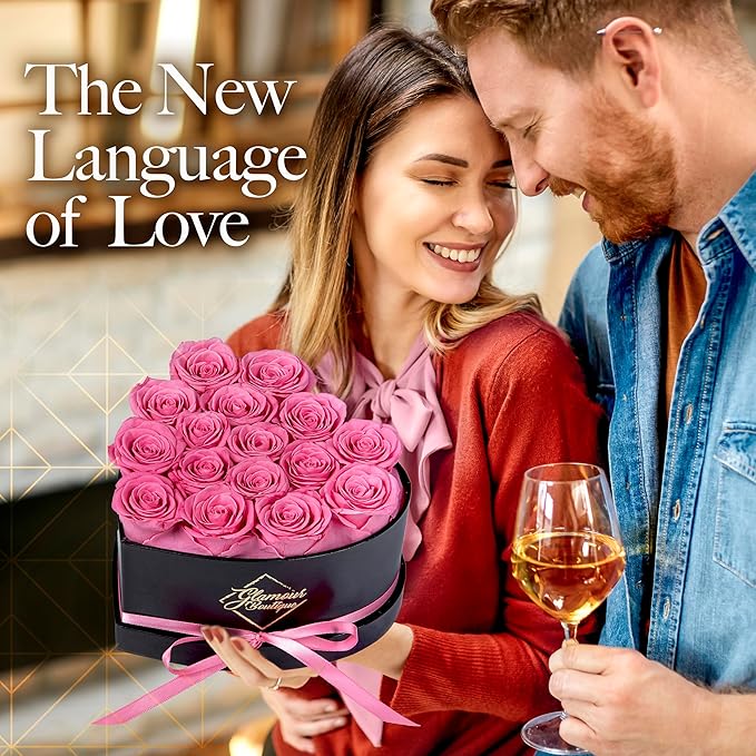 GLAMOUR BOUTIQUE 16 Flower Forever Heart Shape Box - Preserved Roses Gift for Her, Preserved Flowers, Pink