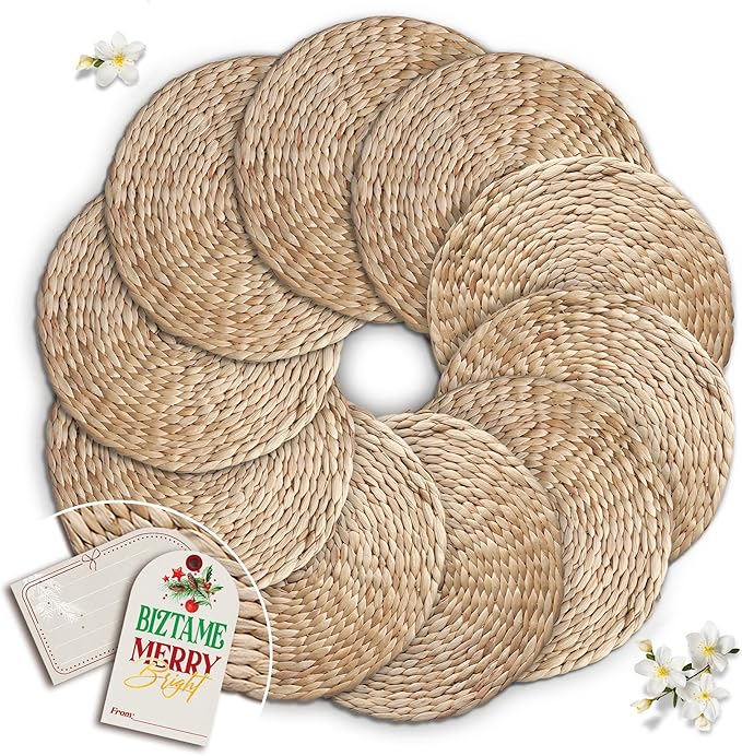 Natural Round Placemats Set of 10, Woven Placemats 13.7", Herringbone Pattern, Table Mats Braided Heat Proof, Farmhouse Boho Table Place Mat Ourdoor Wicker Chargers for Dinner Plates
