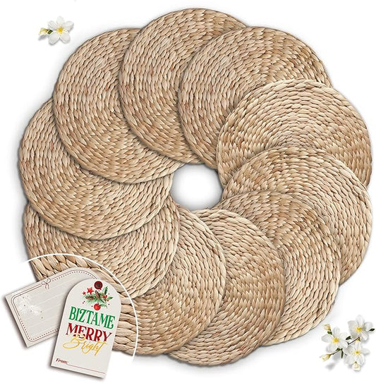 Natural Round Placemats Set of 10, Woven Placemats 13.7", Herringbone Pattern, Table Mats Braided Heat Proof, Farmhouse Boho Table Place Mat Ourdoor Wicker Chargers for Dinner Plates
