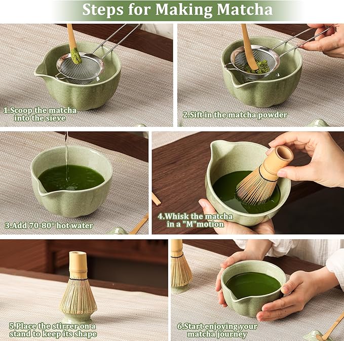Matcha Whisk Set, 7-Pack Mottled Green Matcha Set - Include Petal Matcha Bowl with Spout, Bamboo Whisk, Chasen Holder, Sifter, Scoop, Tea Towel, Scoop Rest - Perfect Matcha Making Kit for Tea Lover