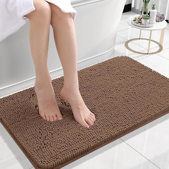 OLANLY Bathroom Rugs 24x16, Extra Soft Absorbent Chenille Bath Rugs, Rubber Backing Quick Dry, Machine Washable Bath Mats for Bathroom Floor, Tub and Shower, Home Decor Accessories, Mocha