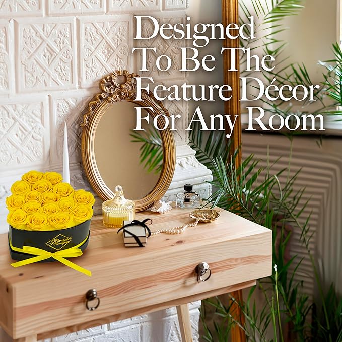 GLAMOUR BOUTIQUE 16 Flower Forever Heart Shape Box - Preserved Roses Gift for Her, Preserved Flowers, Yellow