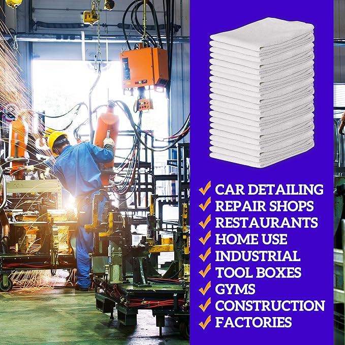 GREEN LIFESTYLE White Shop Towels 12x14, 600 Pack, 100% Cotton Super Absorbent & Durable Shop Rags, Reusable Shop Rags Bulk, Multipurpose Cleaning Towels for Automobiles, Industries, Garage and Home