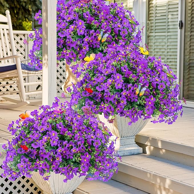 20 Bundles Artificial Flowers for Outdoors‌ with 6 Faux Butterflies, UV Resistant Fake Flowers‌ with Eucalyptus Leaves, Artificial Plants Outdoor‌ for Patio Garden Porch Home Decor (Purple)