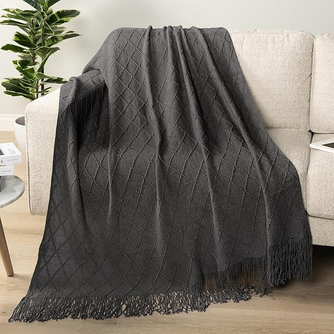 PAVILIA Dark Gray Knit Throw Blanket for Couch, Twin Bed, Soft Knitted Farmhouse Sofa Throw for Living Room, Lightweight Decorative Summer Blanket for Chair, Outdoor Textured Boho Blanket, 60x80