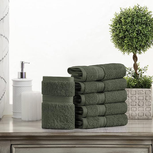 BLUENILEMILLS BNM Egyptian Cotton 6-Piece Towel Set, Includes 6 Face Towels, Attached Loop for Easy Hanging and Storage, Hotel Quality, Perfect for Bathroom, Gym, Shower Space, or Spa, Forest Green
