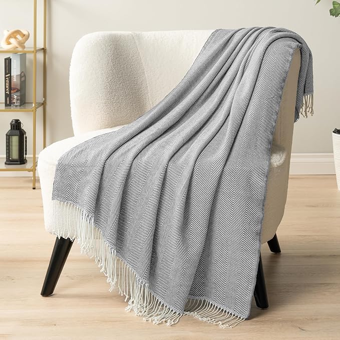 PAVILIA Light Gray Herringbone Throw for Couch, Decorative Outdoor Accent Blanket, Faux Cashmere, 50x60