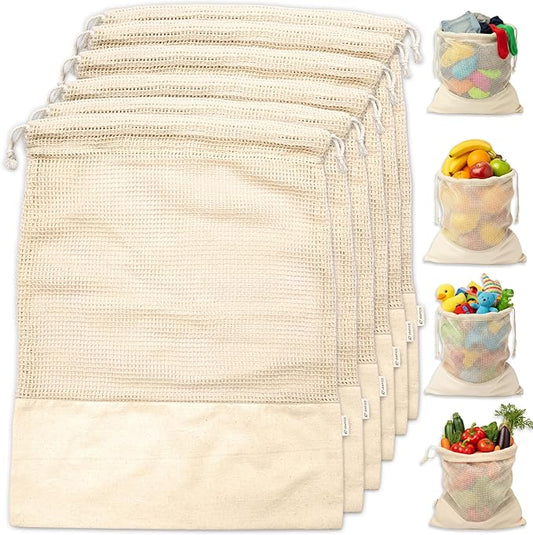 LEAFICO Reusable Produce Bags – 100% Cotton Mesh & Solid Hybrid (XL 14x18 inch 6 Pcs) – Extra Large Bags for Potatoes, Laundry, Toys, Bulk Storage – Washable, Plastic-Free, Breathable, Zero Waste