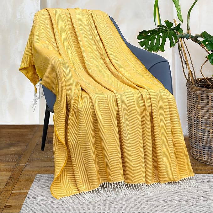 PAVILIA Yellow Herringbone Throw for Couch, Decorative Outdoor Accent Blanket, Faux Cashmere, Lightweight, 50x60
