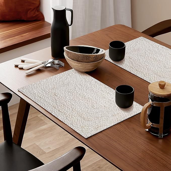 Hausattire Jute Braided Placemats 13x19 Inches Set of 4 Reversible Handwoven Boho Vintage Placemats for Kitchen Dining Tables|BBQ's Thanksgiving Decor Weddings Indoor & Outdoor Parties|Off-White