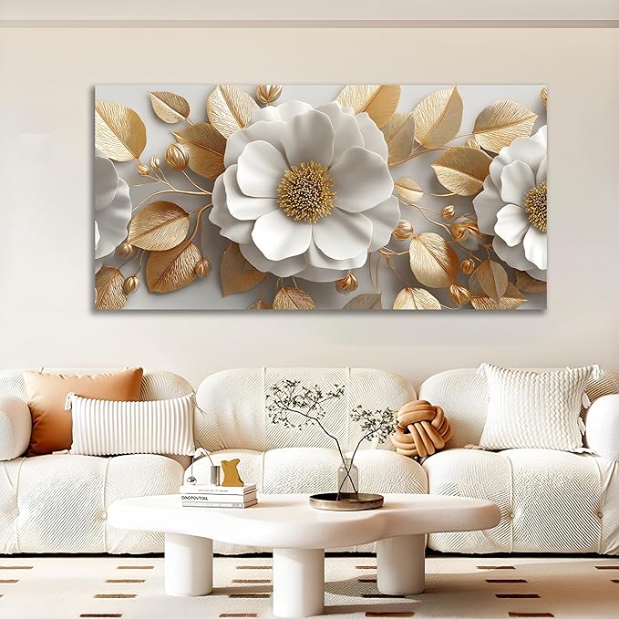 Tarfupth Floral Canvas Wall Art for Living Room Gold and White Flowers Large Botanical Artwork for Bedroom Office Home Decor Canvas Prints 29"x58"